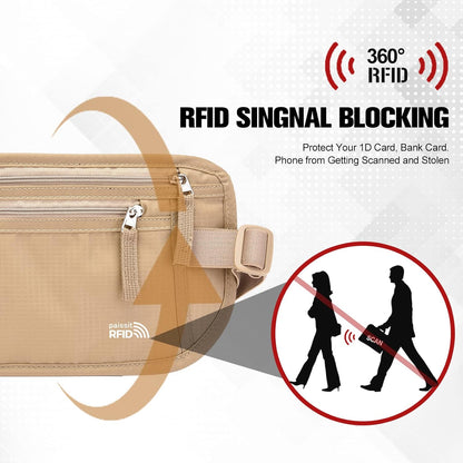 Unisex Money Belt For Men and Women, Slim Passport Holder RFID Blocking Travel Essentials Pouch with Adjustable Strap Small Waist Pouch for Workout Running Travelling Hiking, Beige