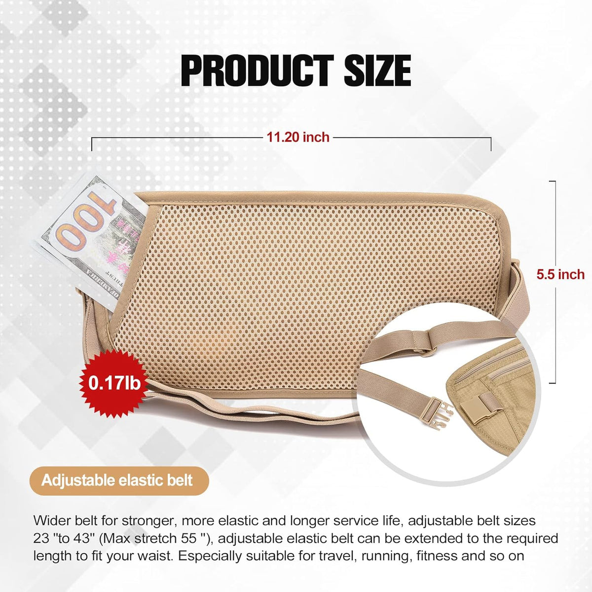 Unisex Money Belt For Men and Women, Slim Passport Holder RFID Blocking Travel Essentials Pouch with Adjustable Strap Small Waist Pouch for Workout Running Travelling Hiking, Beige