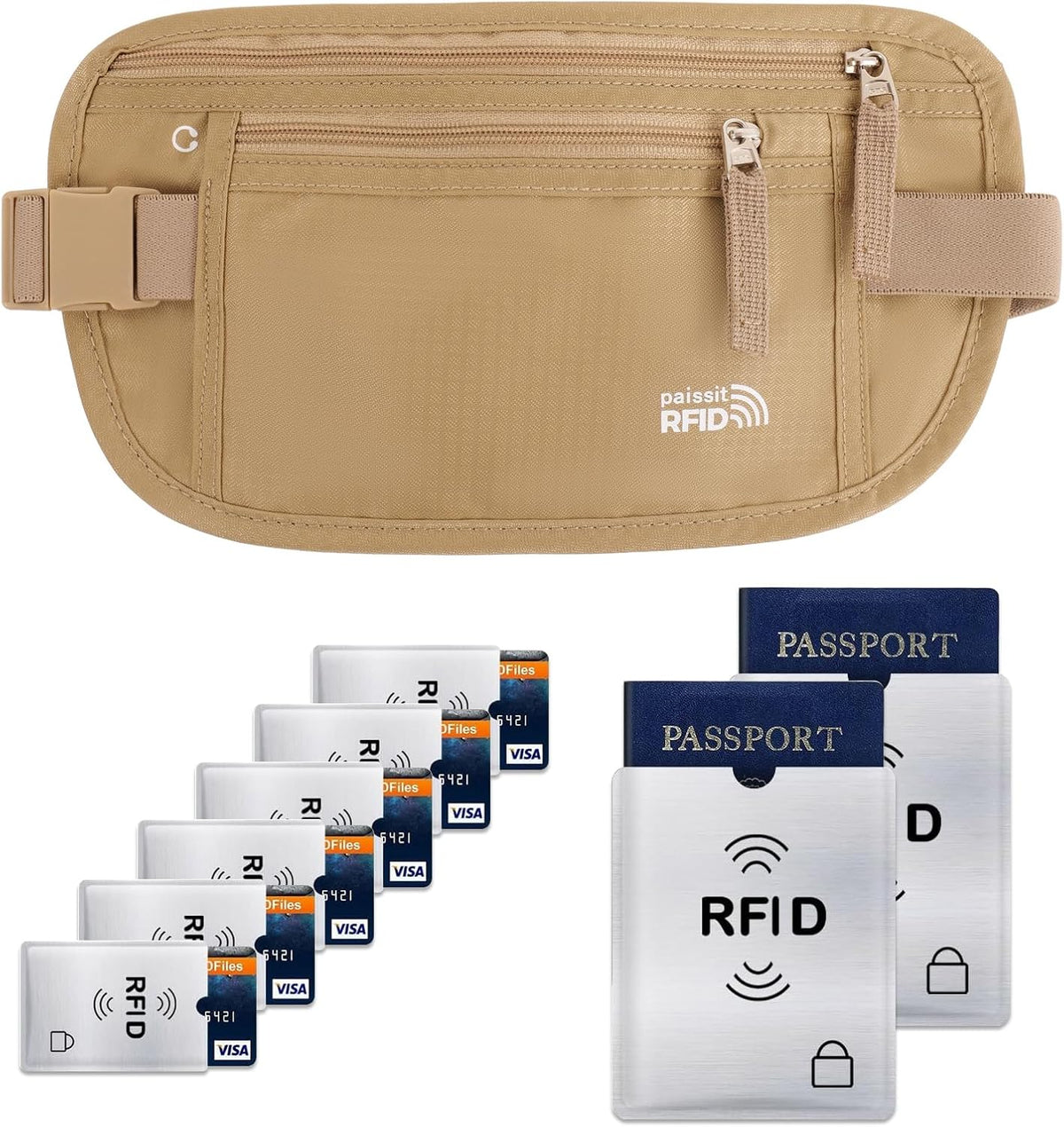 Unisex Money Belt For Men and Women, Slim Passport Holder RFID Blocking Travel Essentials Pouch with Adjustable Strap Small Waist Pouch for Workout Running Travelling Hiking, Beige