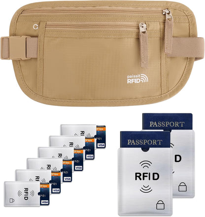 Unisex Money Belt For Men and Women, Slim Passport Holder RFID Blocking Travel Essentials Pouch with Adjustable Strap Small Waist Pouch for Workout Running Travelling Hiking, Beige