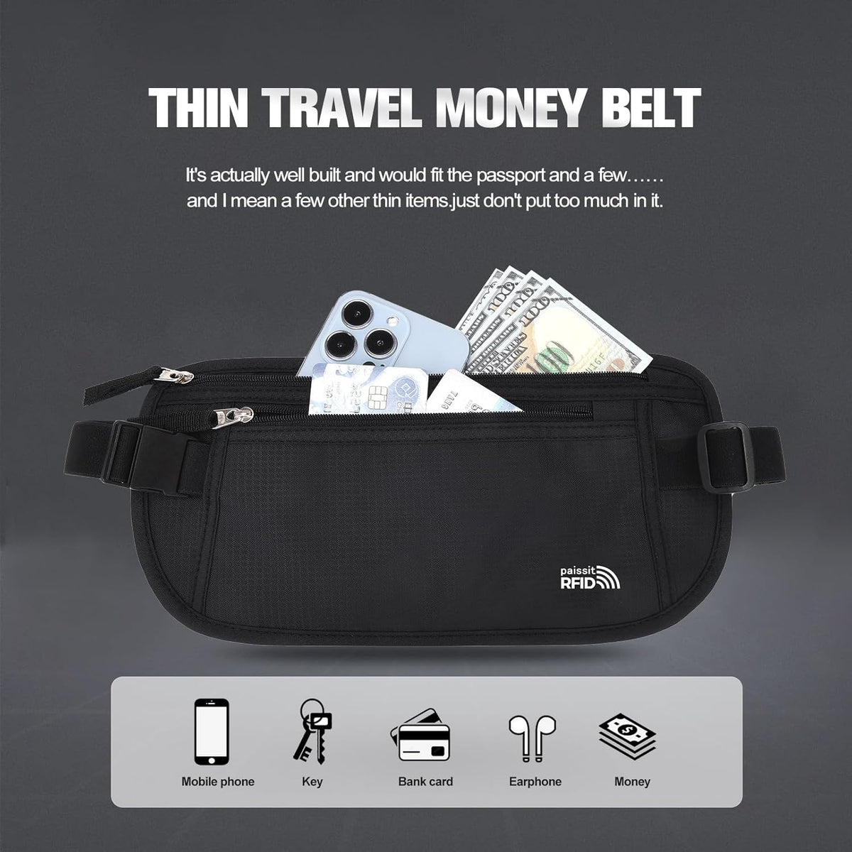 Unisex Money Belt For Men and Women, Slim Passport Holder RFID Blocking Travel Essentials Pouch with Adjustable Strap Small Waist Pouch for Workout Running Travelling Hiking, Beige