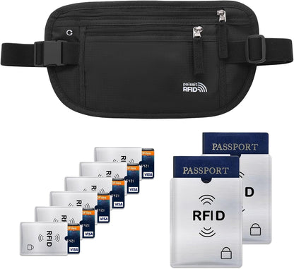 Unisex Money Belt For Men and Women, Slim Passport Holder RFID Blocking Travel Essentials Pouch with Adjustable Strap Small Waist Pouch for Workout Running Travelling Hiking, Beige