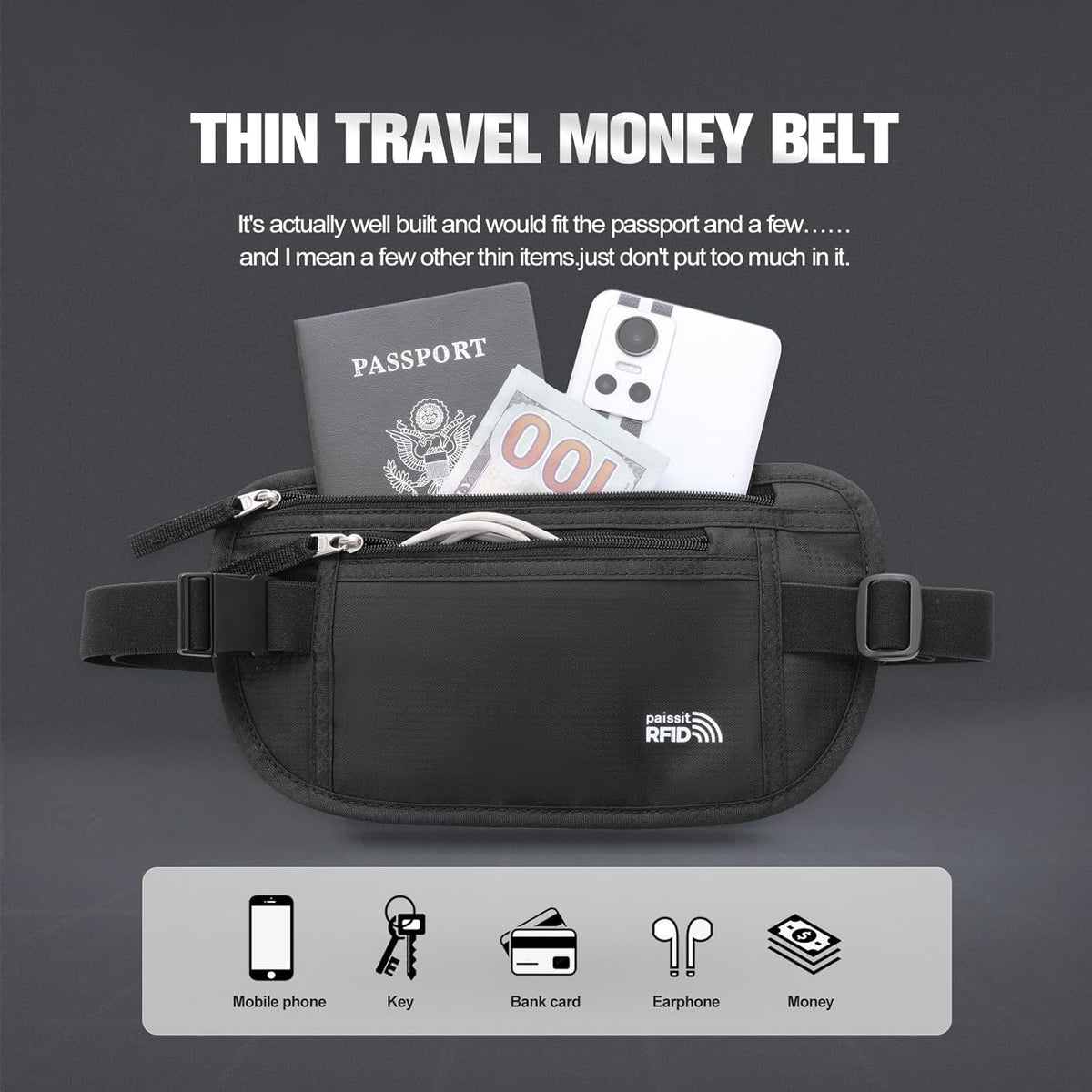Unisex Money Belt For Men and Women, Slim Passport Holder RFID Blocking Travel Essentials Pouch with Adjustable Strap Small Waist Pouch for Workout Running Travelling Hiking, Beige