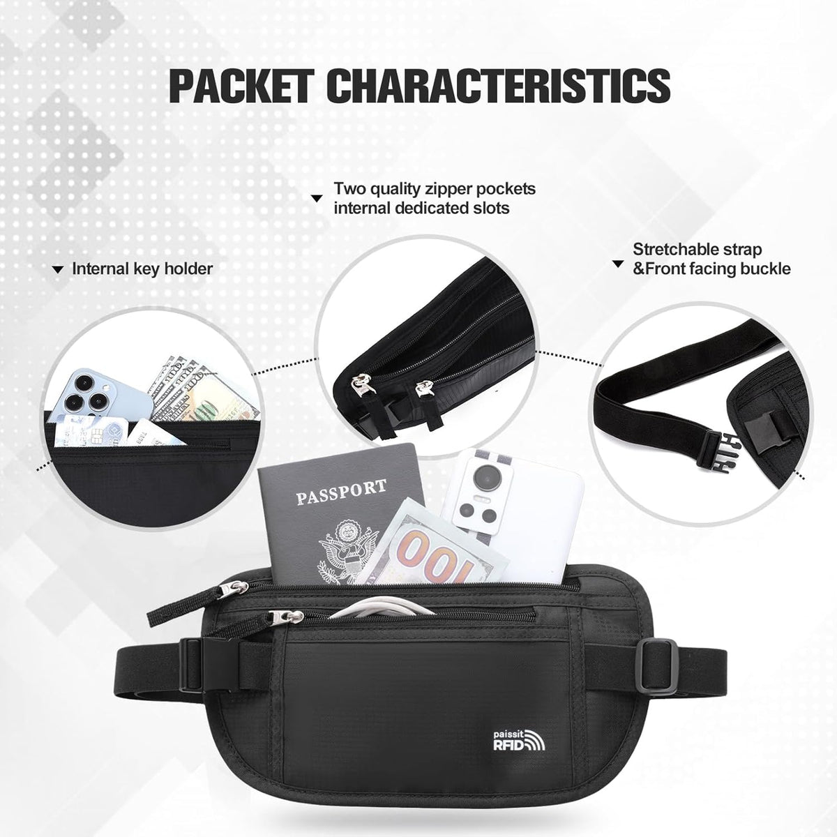Unisex Money Belt For Men and Women, Slim Passport Holder RFID Blocking Travel Essentials Pouch with Adjustable Strap Small Waist Pouch for Workout Running Travelling Hiking, Beige