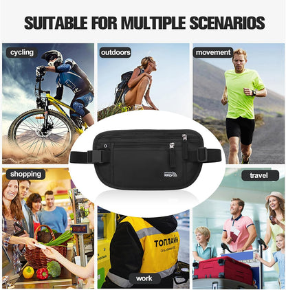 Unisex Money Belt For Men and Women, Slim Passport Holder RFID Blocking Travel Essentials Pouch with Adjustable Strap Small Waist Pouch for Workout Running Travelling Hiking, Beige