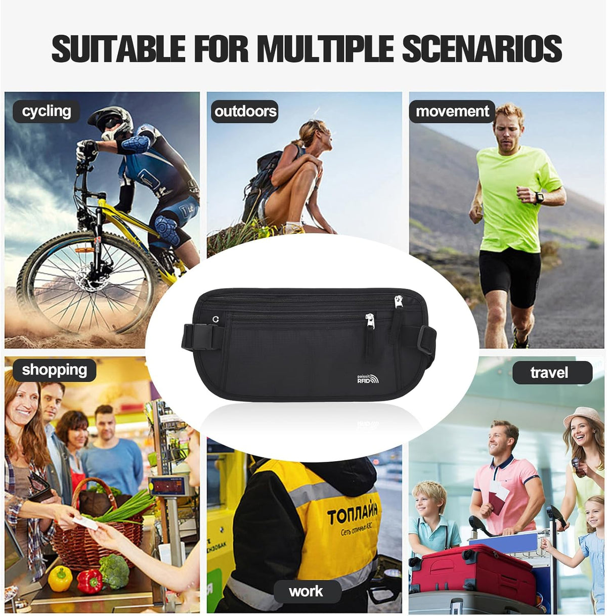 Unisex Money Belt For Men and Women, Slim Passport Holder RFID Blocking Travel Essentials Pouch with Adjustable Strap Small Waist Pouch for Workout Running Travelling Hiking, Beige