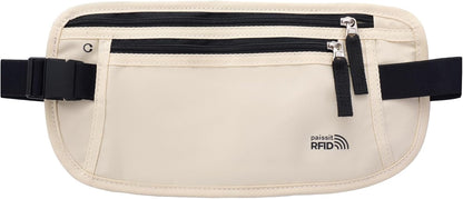 Unisex Money Belt For Men and Women, Slim Passport Holder RFID Blocking Travel Essentials Pouch with Adjustable Strap Small Waist Pouch for Workout Running Travelling Hiking, Beige