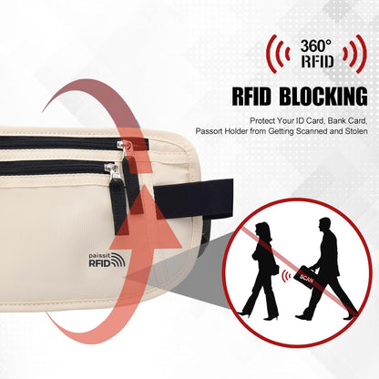 Unisex Money Belt For Men and Women, Slim Passport Holder RFID Blocking Travel Essentials Pouch with Adjustable Strap Small Waist Pouch for Workout Running Travelling Hiking, Beige