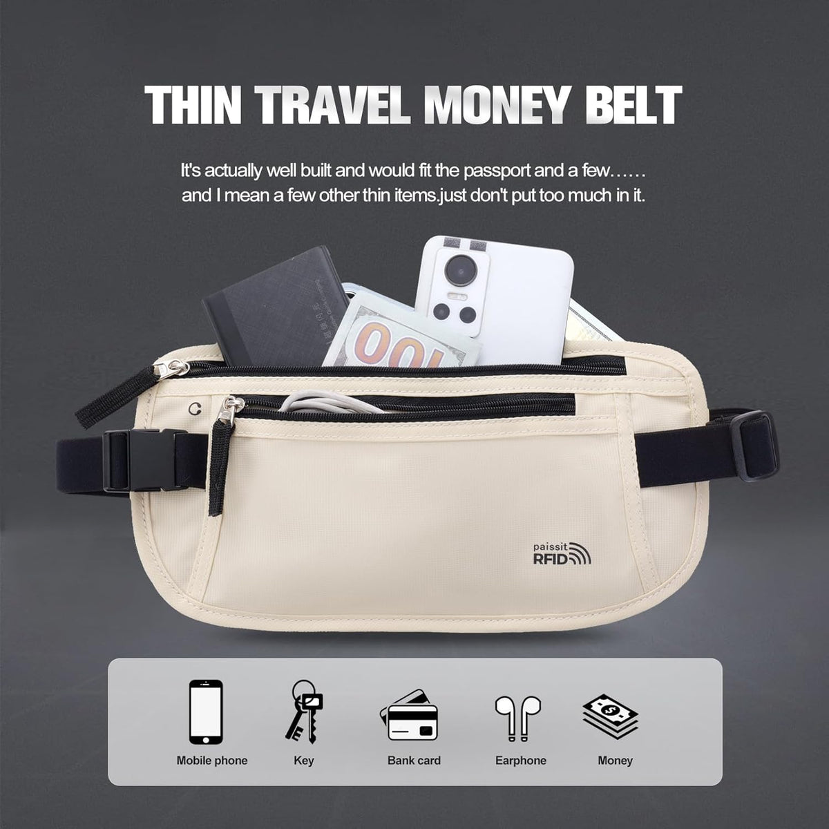 Unisex Money Belt For Men and Women, Slim Passport Holder RFID Blocking Travel Essentials Pouch with Adjustable Strap Small Waist Pouch for Workout Running Travelling Hiking, Beige