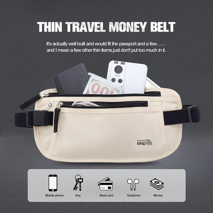 Unisex Money Belt For Men and Women, Slim Passport Holder RFID Blocking Travel Essentials Pouch with Adjustable Strap Small Waist Pouch for Workout Running Travelling Hiking, Beige