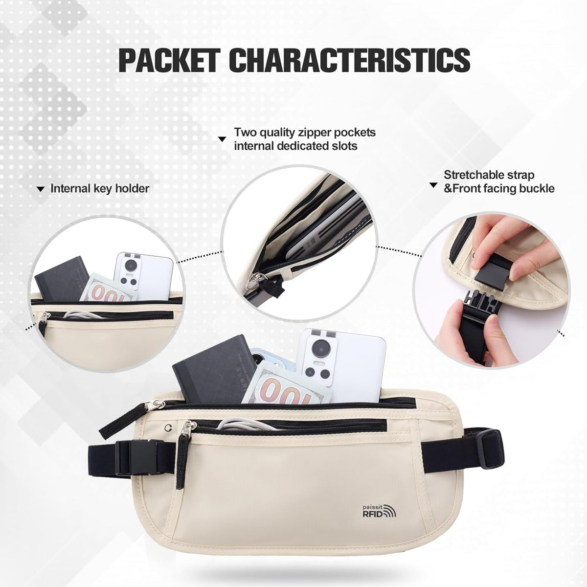 Unisex Money Belt For Men and Women, Slim Passport Holder RFID Blocking Travel Essentials Pouch with Adjustable Strap Small Waist Pouch for Workout Running Travelling Hiking, Beige