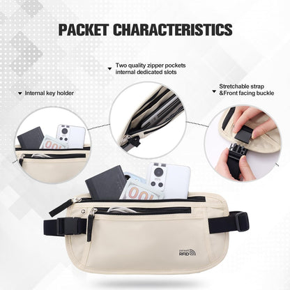 Unisex Money Belt For Men and Women, Slim Passport Holder RFID Blocking Travel Essentials Pouch with Adjustable Strap Small Waist Pouch for Workout Running Travelling Hiking, Beige