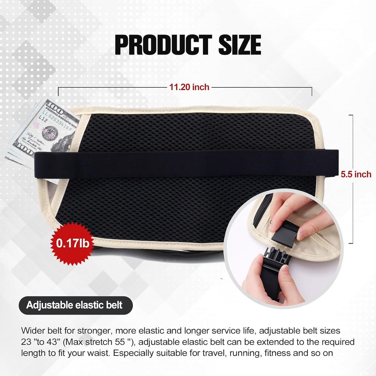 Unisex Money Belt For Men and Women, Slim Passport Holder RFID Blocking Travel Essentials Pouch with Adjustable Strap Small Waist Pouch for Workout Running Travelling Hiking, Beige