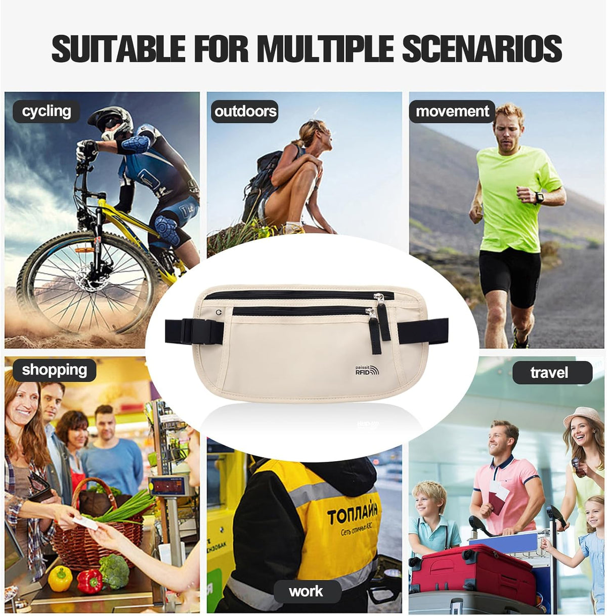Unisex Money Belt For Men and Women, Slim Passport Holder RFID Blocking Travel Essentials Pouch with Adjustable Strap Small Waist Pouch for Workout Running Travelling Hiking, Beige