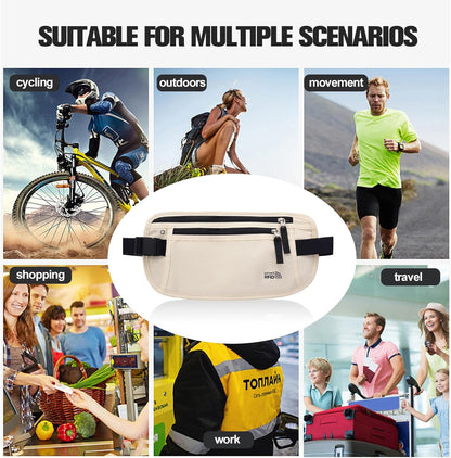 Unisex Money Belt For Men and Women, Slim Passport Holder RFID Blocking Travel Essentials Pouch with Adjustable Strap Small Waist Pouch for Workout Running Travelling Hiking, Beige