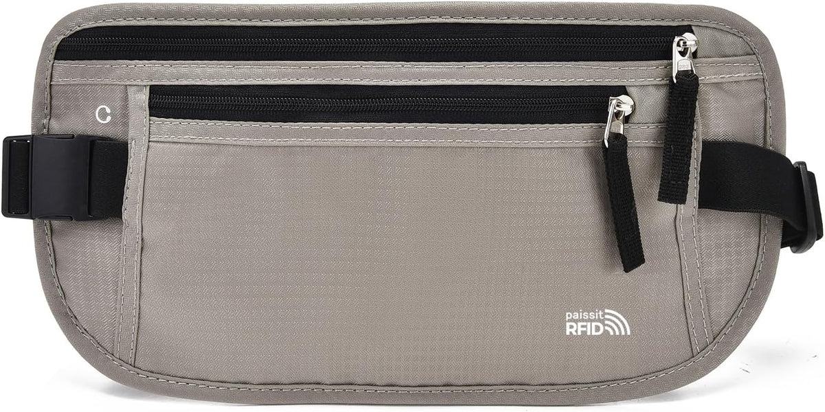 Unisex Money Belt For Men and Women, Slim Passport Holder RFID Blocking Travel Essentials Pouch with Adjustable Strap Small Waist Pouch for Workout Running Travelling Hiking, Beige