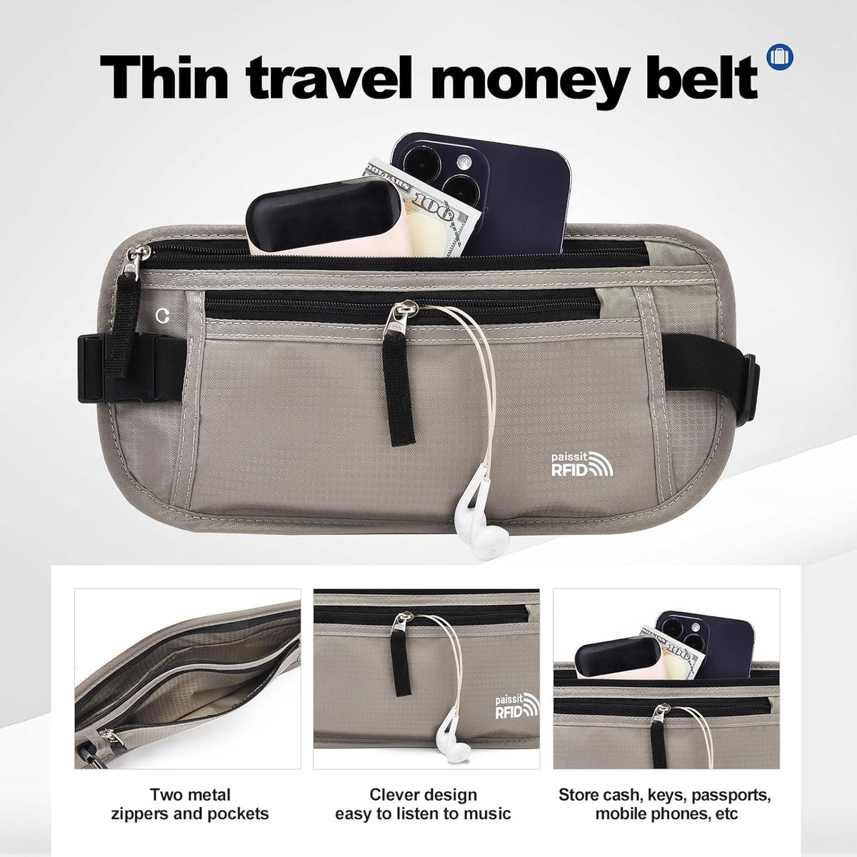Unisex Money Belt For Men and Women, Slim Passport Holder RFID Blocking Travel Essentials Pouch with Adjustable Strap Small Waist Pouch for Workout Running Travelling Hiking, Beige