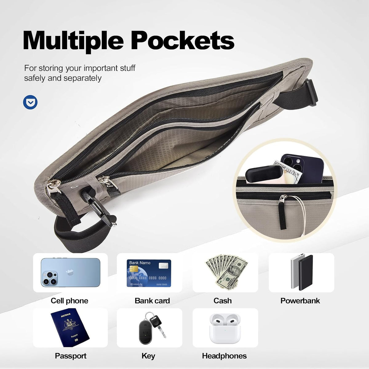 Unisex Money Belt For Men and Women, Slim Passport Holder RFID Blocking Travel Essentials Pouch with Adjustable Strap Small Waist Pouch for Workout Running Travelling Hiking, Beige