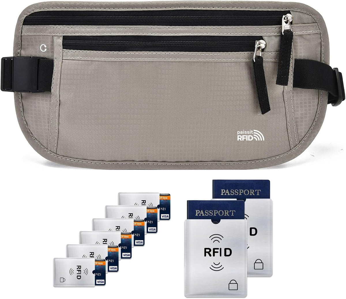 Unisex Money Belt For Men and Women, Slim Passport Holder RFID Blocking Travel Essentials Pouch with Adjustable Strap Small Waist Pouch for Workout Running Travelling Hiking, Beige