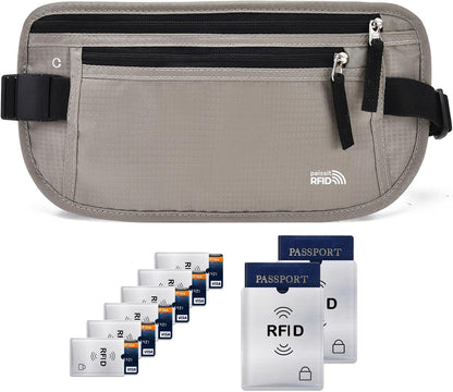 Unisex Money Belt For Men and Women, Slim Passport Holder RFID Blocking Travel Essentials Pouch with Adjustable Strap Small Waist Pouch for Workout Running Travelling Hiking, Beige