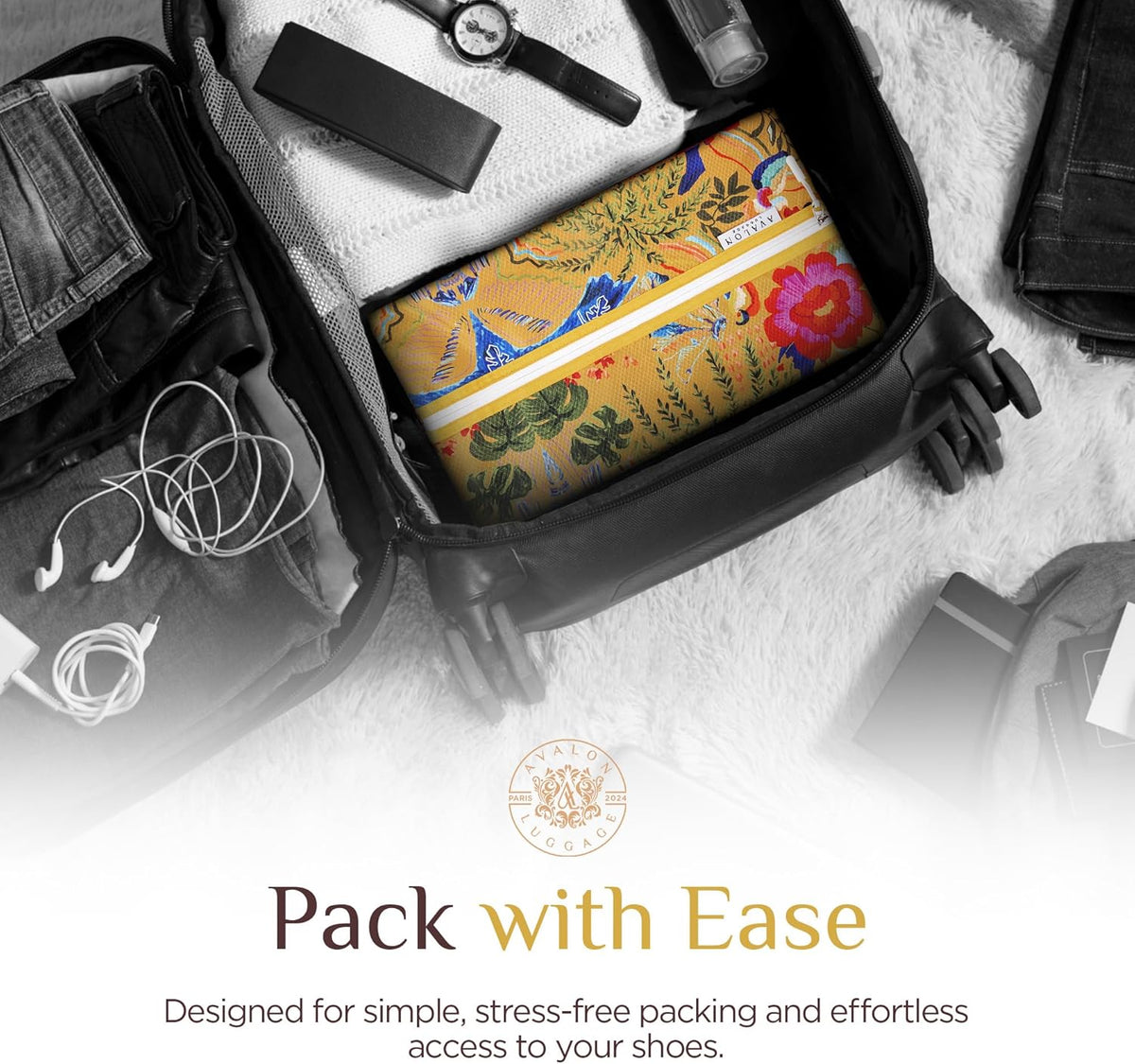 Shoe Bags for Travel - Footwear Organizer for Suitcases, Gym, Work Trips (Yellow Flower)