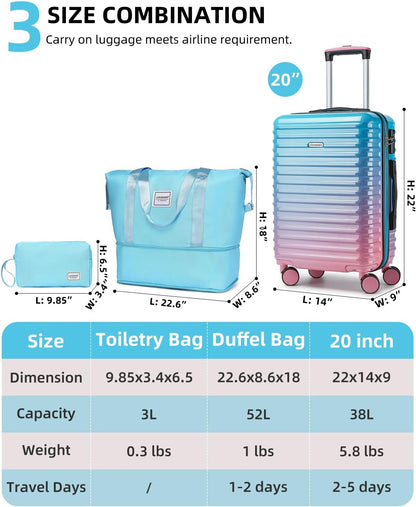 Carry on Luggage 22x14x9 Airline Approved, Expandable 20 Inch Hardside Suitcase with Wheels TSA Lock, PC+ABS Lightweight Carry on Suitcases for Women and Men, Lake Green (20/DB/TB)