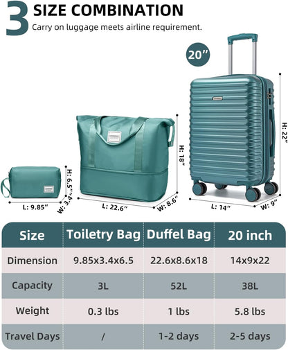 Carry on Luggage 22x14x9 Airline Approved, Expandable 20 Inch Hardside Suitcase with Wheels TSA Lock, PC+ABS Lightweight Carry on Suitcases for Women and Men, Lake Green (20/DB/TB)