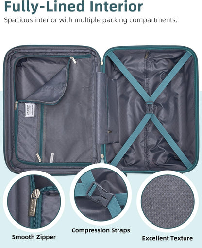 Carry on Luggage 22x14x9 Airline Approved, Expandable 20 Inch Hardside Suitcase with Wheels TSA Lock, PC+ABS Lightweight Carry on Suitcases for Women and Men, Lake Green (20/DB/TB)