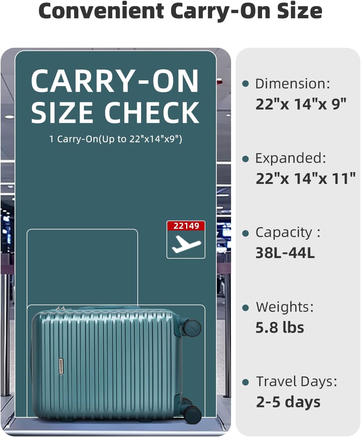 Carry on Luggage 22x14x9 Airline Approved, Expandable 20 Inch Hardside Suitcase with Wheels TSA Lock, PC+ABS Lightweight Carry on Suitcases for Women and Men, Lake Green (20/DB/TB)