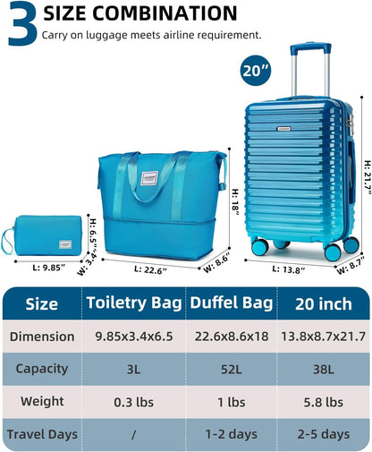 Carry on Luggage 22x14x9 Airline Approved, Expandable 20 Inch Hardside Suitcase with Wheels TSA Lock, PC+ABS Lightweight Carry on Suitcases for Women and Men, Lake Green (20/DB/TB)