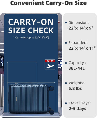Carry on Luggage 22x14x9 Airline Approved, Expandable 20 Inch Hardside Suitcase with Wheels TSA Lock, PC+ABS Lightweight Carry on Suitcases for Women and Men, Lake Green (20/DB/TB)