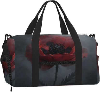 Dark Red Poppy Duffel Bag with Shoe Compartment-Sports Gym Weekender for Men Women, Waterproof Travel Tote with Wet Pocket for Dirty Shoes