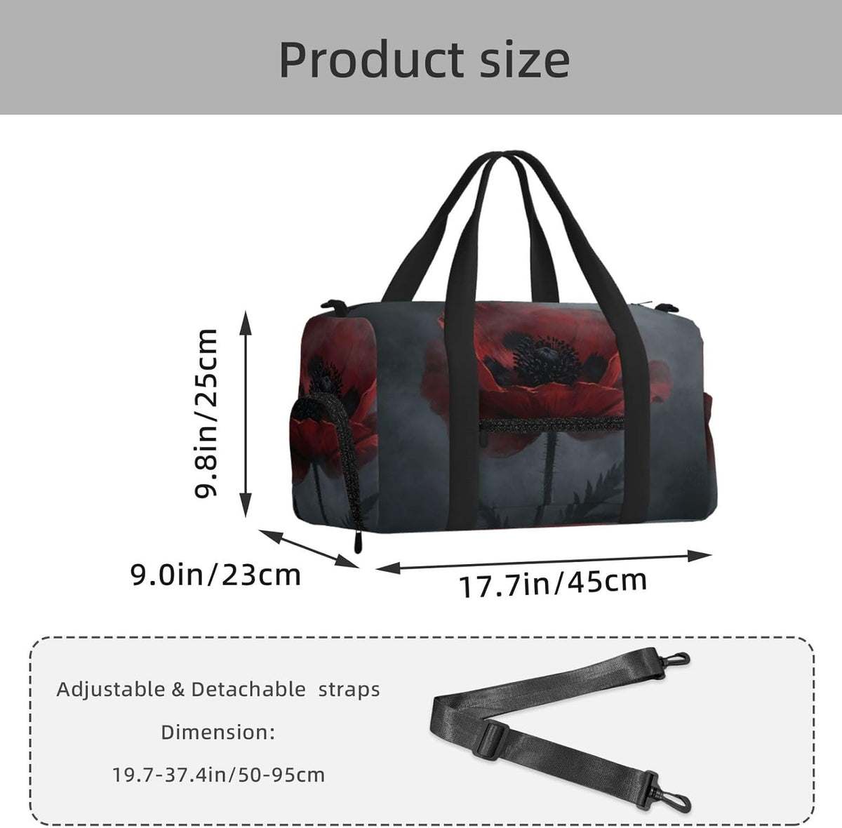Dark Red Poppy Duffel Bag with Shoe Compartment-Sports Gym Weekender for Men Women, Waterproof Travel Tote with Wet Pocket for Dirty Shoes