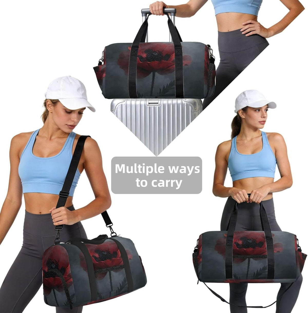 Dark Red Poppy Duffel Bag with Shoe Compartment-Sports Gym Weekender for Men Women, Waterproof Travel Tote with Wet Pocket for Dirty Shoes