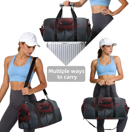 Dark Red Poppy Duffel Bag with Shoe Compartment-Sports Gym Weekender for Men Women, Waterproof Travel Tote with Wet Pocket for Dirty Shoes