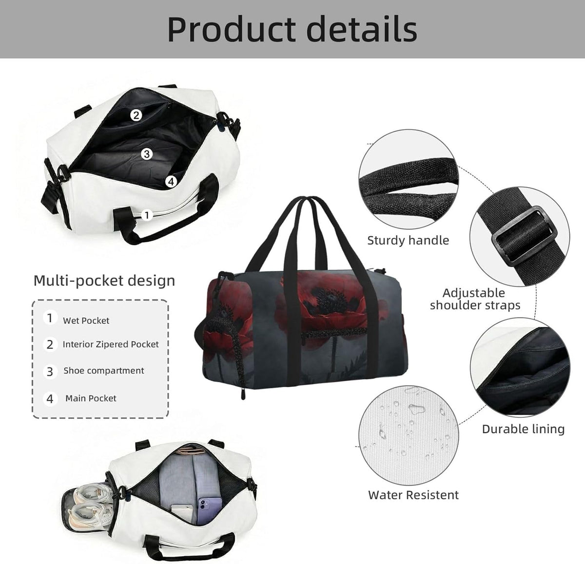 Dark Red Poppy Duffel Bag with Shoe Compartment-Sports Gym Weekender for Men Women, Waterproof Travel Tote with Wet Pocket for Dirty Shoes