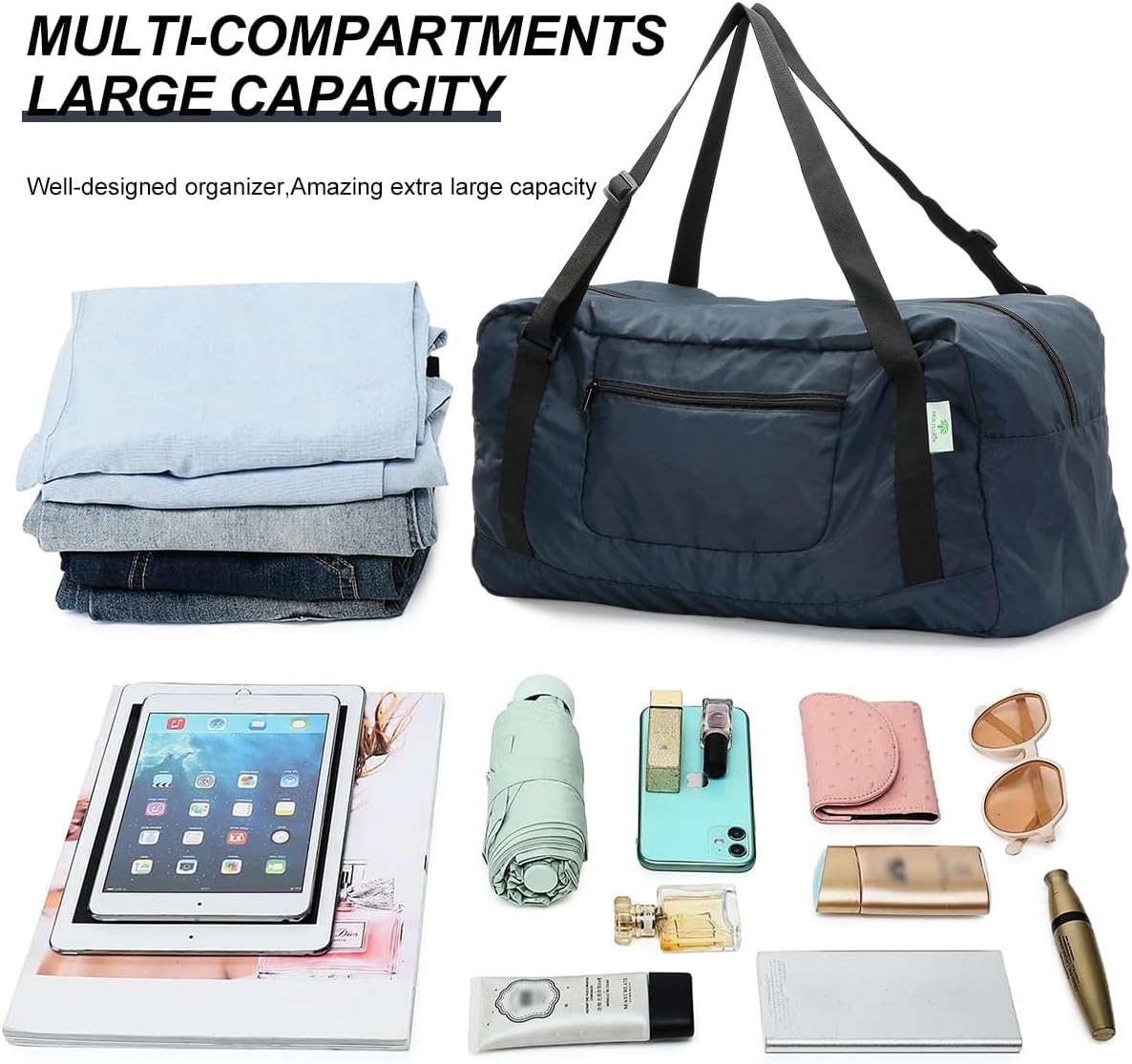 Foldable Travel Duffel Bag For Women & Men Luggage Great for Gym - large navy blue