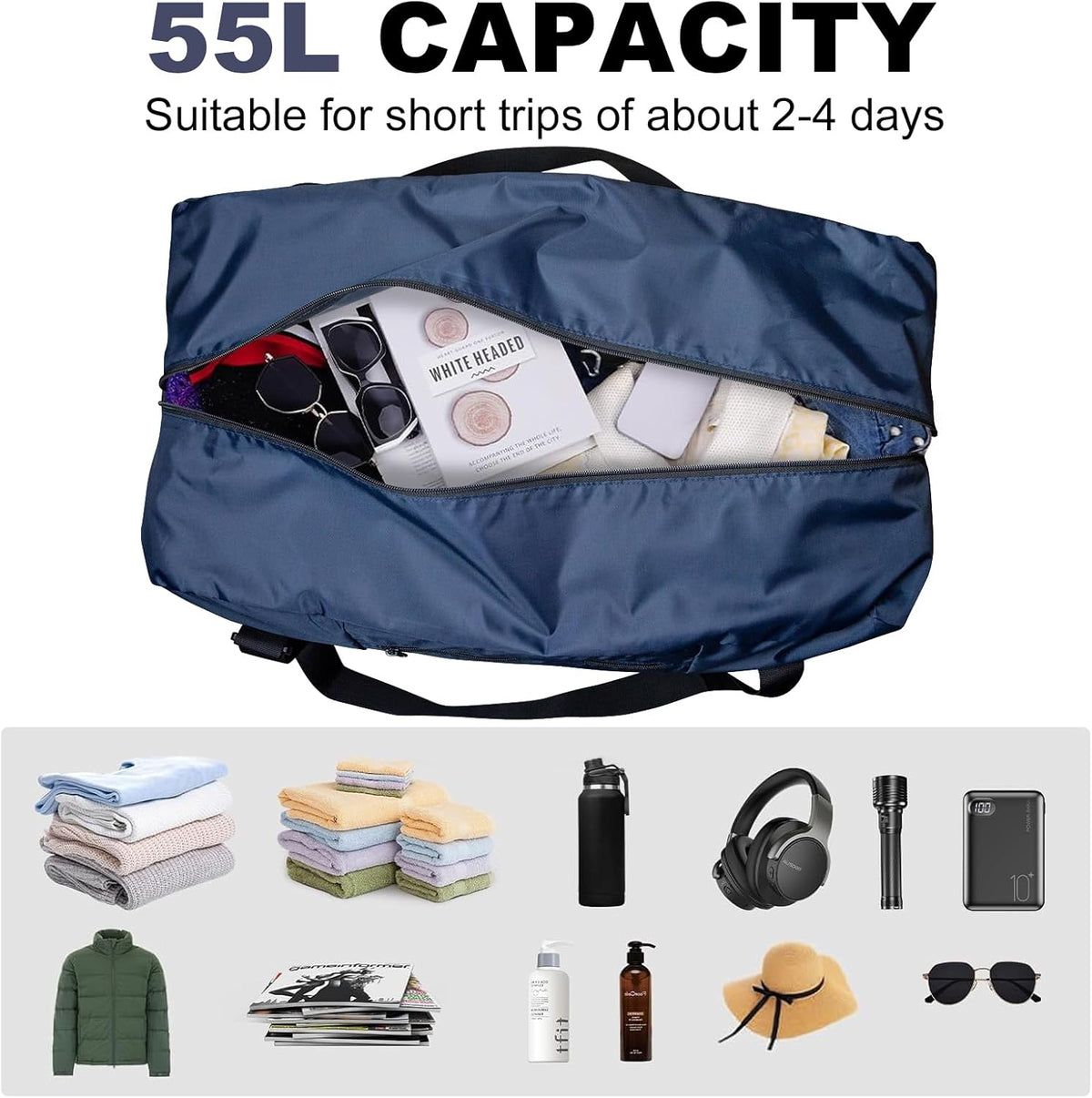 Foldable Travel Duffel Bag For Women & Men Luggage Great for Gym - large navy blue