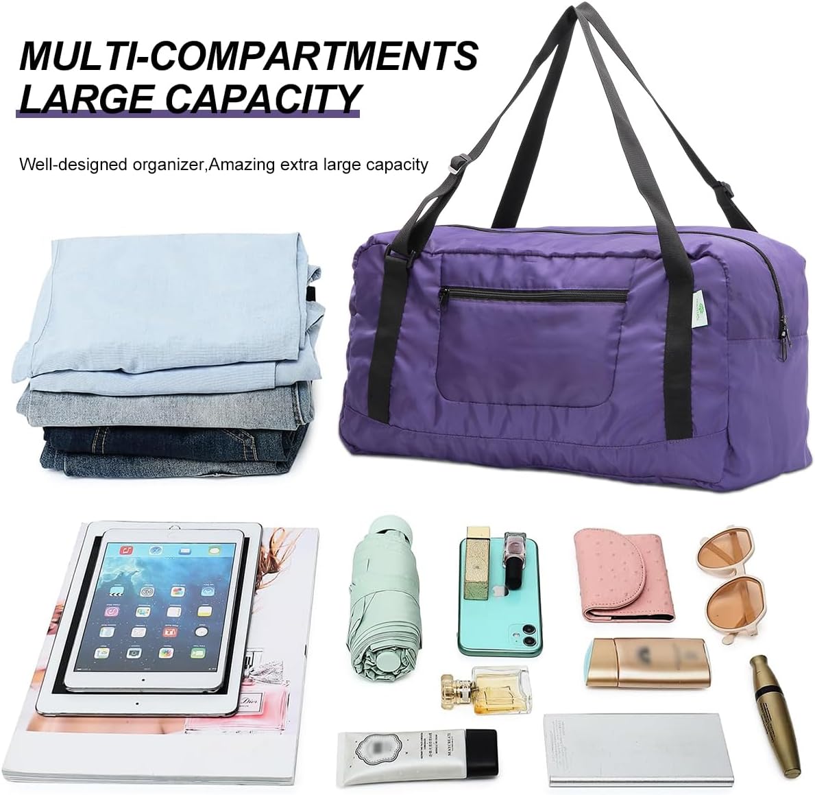 Foldable Travel Duffel Bag For Women & Men Luggage Great for Gym - large navy blue