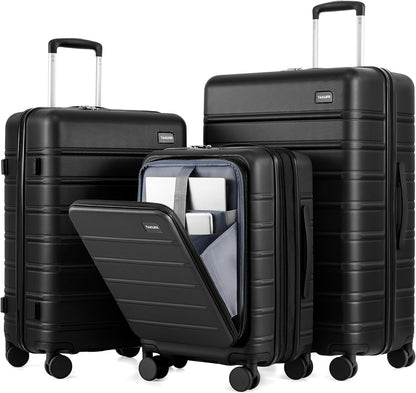 Carry On Luggage - 20 inch Expandable Suitcases with Wheels - Hardshell Carry on Suitcases with Front Pocket - Travel Luggage with TSA Lock (Black, 20 Inch-EXT)
