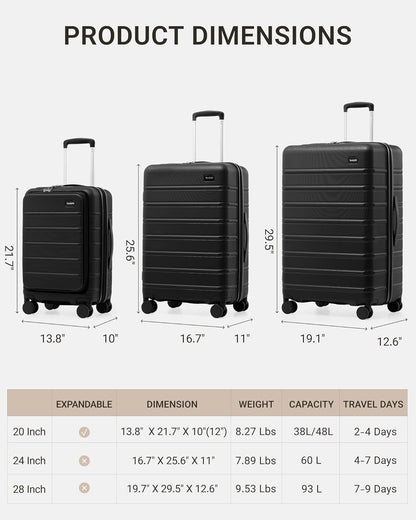 Carry On Luggage - 20 inch Expandable Suitcases with Wheels - Hardshell Carry on Suitcases with Front Pocket - Travel Luggage with TSA Lock (Black, 20 Inch-EXT)