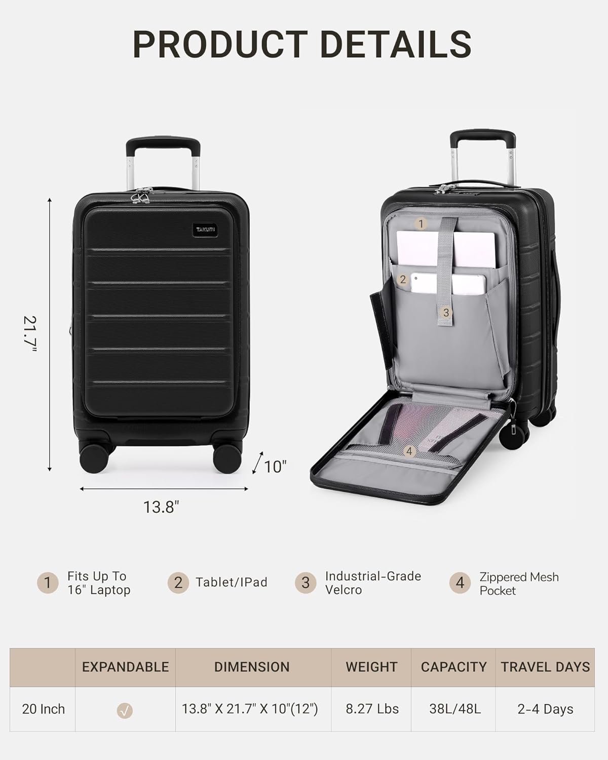 Carry On Luggage - 20 inch Expandable Suitcases with Wheels - Hardshell Carry on Suitcases with Front Pocket - Travel Luggage with TSA Lock (Black, 20 Inch-EXT)