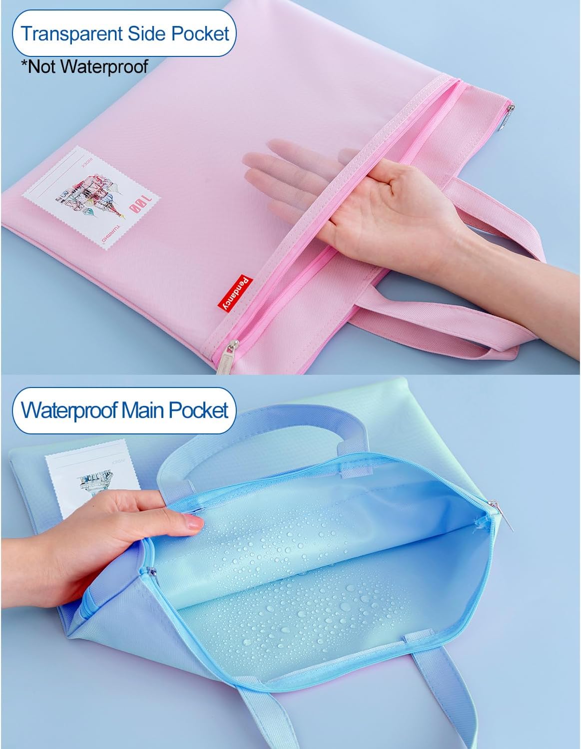 Mesh Zipper Pouch A4 Size, Large Double Pocket Waterproof File Bag with Handle, 11x13.8 in Foldable Document Storage for Puzzle Project/Cross Stitch/Travel/Office（Advanced Pink）