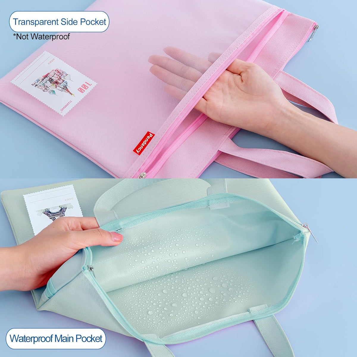 Mesh Zipper Pouch A4 Size, Large Double Pocket Waterproof File Bag with Handle, 11x13.8 in Foldable Document Storage for Puzzle Project/Cross Stitch/Travel/Office（Advanced Pink）