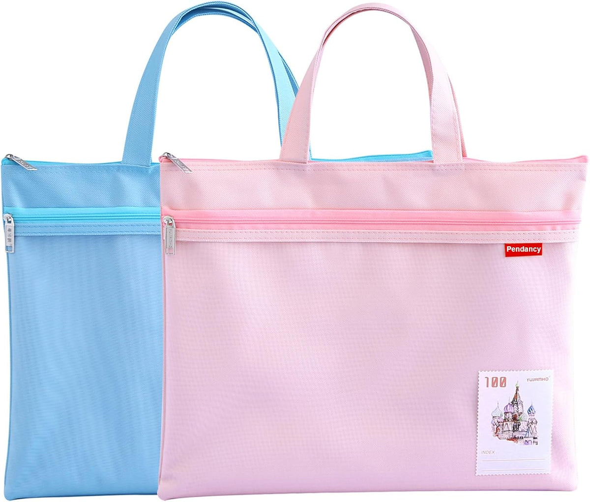 Mesh Zipper Pouch A4 Size, Large Double Pocket Waterproof File Bag with Handle, 11x13.8 in Foldable Document Storage for Puzzle Project/Cross Stitch/Travel/Office（Advanced Pink）