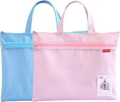Mesh Zipper Pouch A4 Size, Large Double Pocket Waterproof File Bag with Handle, 11x13.8 in Foldable Document Storage for Puzzle Project/Cross Stitch/Travel/Office（Advanced Pink）