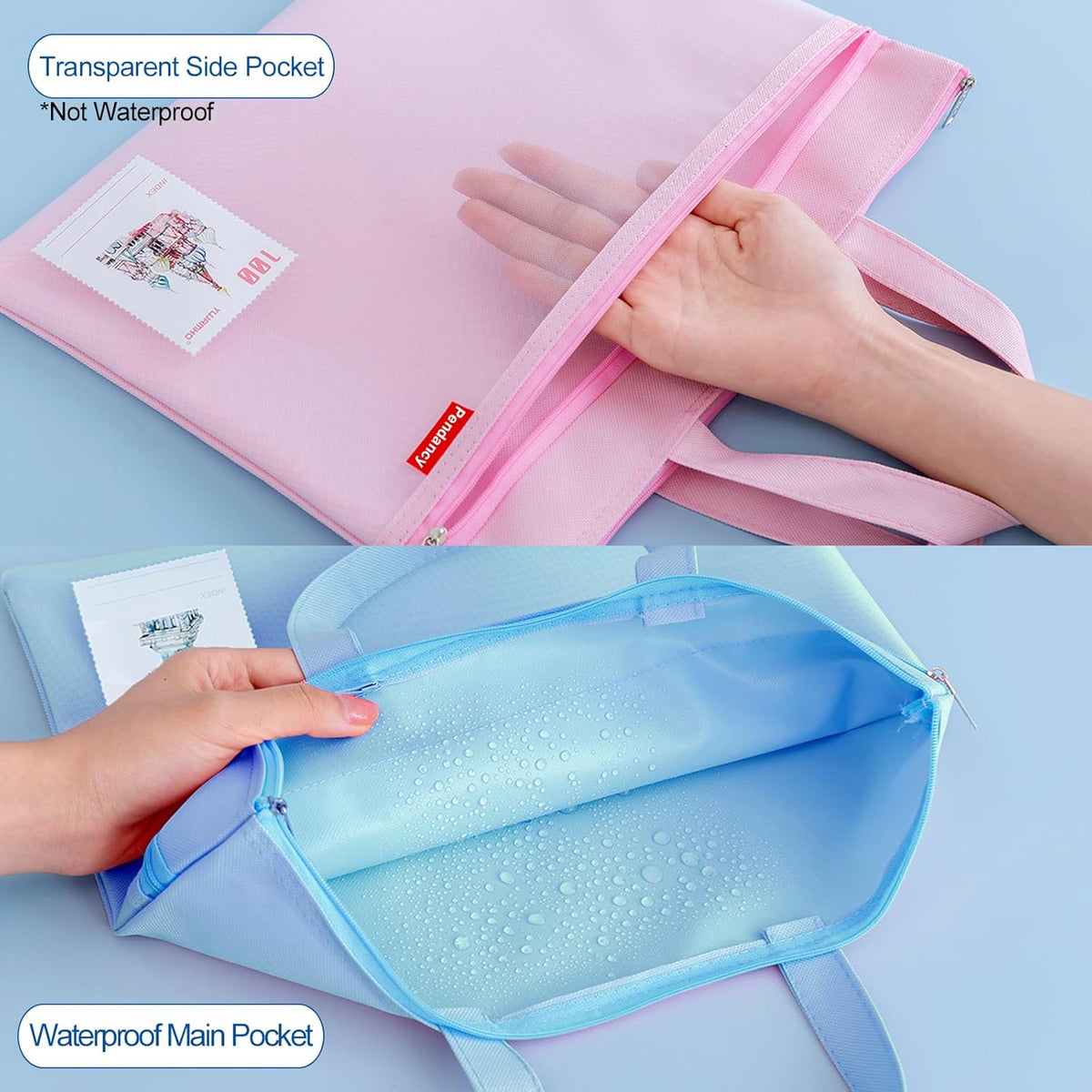 Mesh Zipper Pouch A4 Size, Large Double Pocket Waterproof File Bag with Handle, 11x13.8 in Foldable Document Storage for Puzzle Project/Cross Stitch/Travel/Office（Advanced Pink）