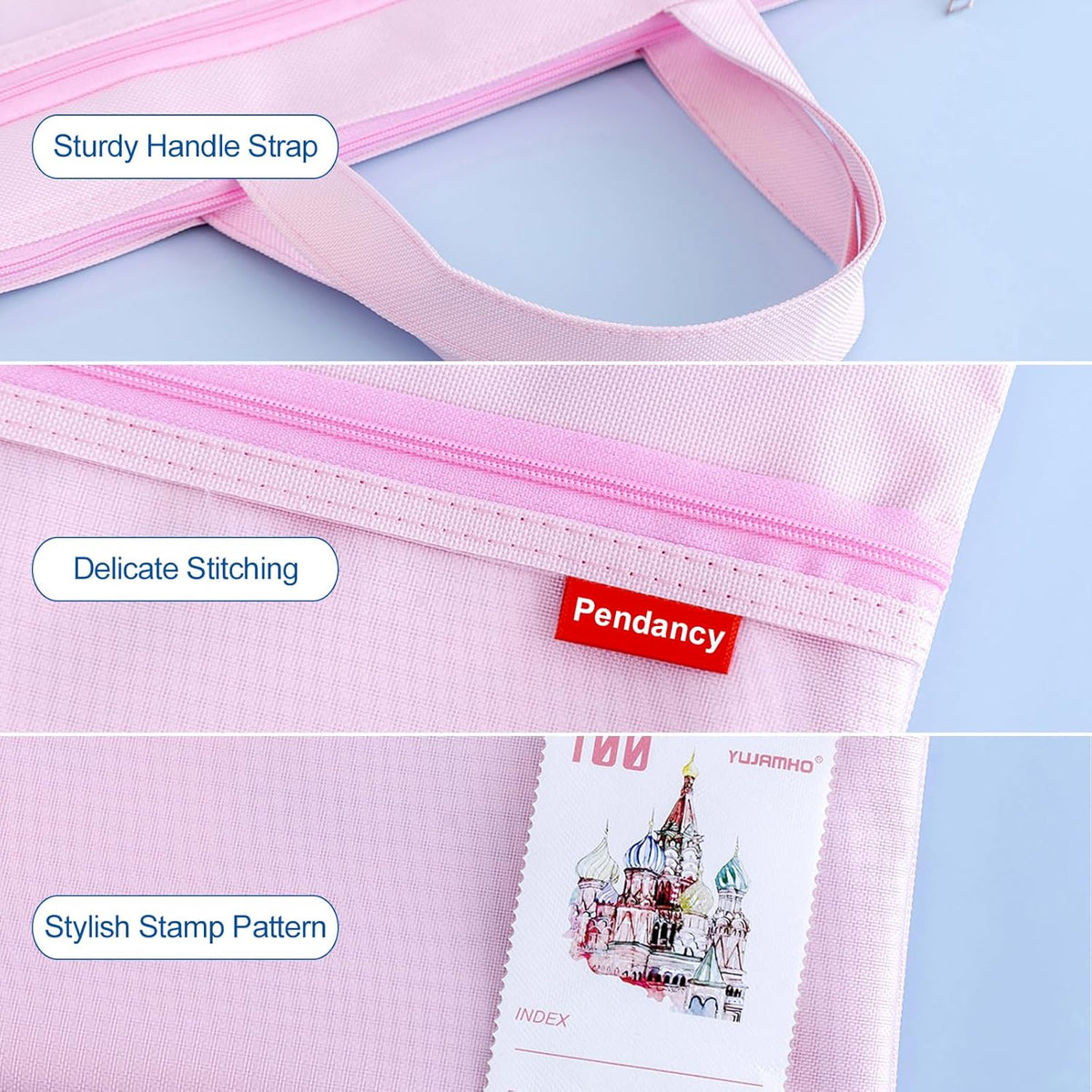 Mesh Zipper Pouch A4 Size, Large Double Pocket Waterproof File Bag with Handle, 11x13.8 in Foldable Document Storage for Puzzle Project/Cross Stitch/Travel/Office（Advanced Pink）