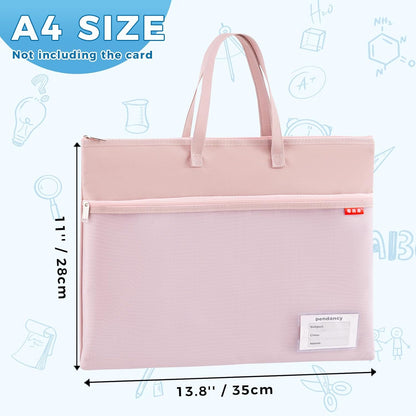 Mesh Zipper Pouch A4 Size, Large Double Pocket Waterproof File Bag with Handle, 11x13.8 in Foldable Document Storage for Puzzle Project/Cross Stitch/Travel/Office（Advanced Pink）