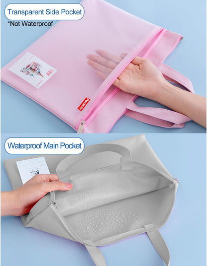 Mesh Zipper Pouch A4 Size, Large Double Pocket Waterproof File Bag with Handle, 11x13.8 in Foldable Document Storage for Puzzle Project/Cross Stitch/Travel/Office（Advanced Pink）